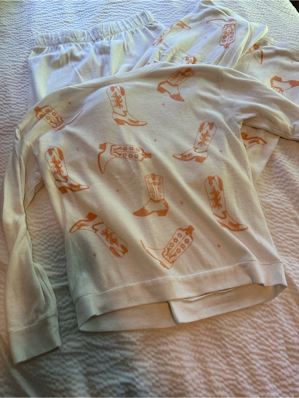 Cozy White Pajama Top with Orange Cowboy Boot Print - Women